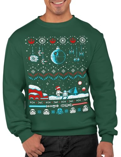 Graphic Impact Inspired Space War Theme Galaxy Spray Ugly Xmas Jumper Xmas Sweatshirt Adults Unisex Sweater Christmas Jumper (Medium, Bottle Green)