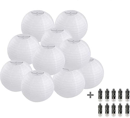 FullBerg 10 lanterne di carta bianche da 30 cm, con 10 mini palloncini a LED, rotonde, per matrimoni, feste, 12