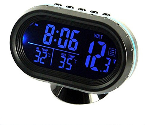 Riloer Multifunktionale Auto-Uhr mit LCD-Display, Thermometer, Wecker, 12-24 V