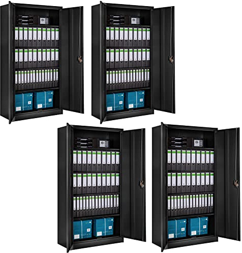 tectake® 4er Set Aktenschrank abschließbar, Stahl Büroschrank mit Fächern, höhenverstellbaren Einlageböden, 180 x 90 x 40 cm, für Office, Werkstatteinrichtung, Möbel für Arbeitszimmer - schwarz