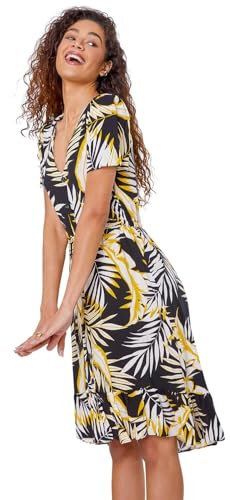Roman Originals Swing Tea Dress Women UK Ladies Skater Midi A Line Fit & Flare Summer Casual Smart Spring Cocktail Party Going Out Work Cruise Button Through Long Pocket - Black Yellow - Size 8