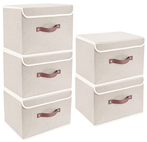 TYEERS Collapsible Storage Box with Lid, Fabric Storage Box for Clothes, Wardrobe Storage, 38x25x25 cm, Set of 5, Beige