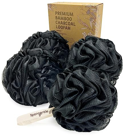 Spongentle Shower Loofah Bath Sponge, Body Scrubber with Soft Mesh, Exfoliating Bath Pouf with Activated Charcoal, Bath Sponge for Women & Men, Bath Accessories for Scrubber Cleaning Tool, 60g 4 Pack