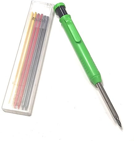 JEYEFFE Crayon de charpentier avec 7 recharges et taille-crayon intégré – Outil de précision pour marquer des trous profonds sur bois et surfaces dures – Idéal pour menuisiers et maçons (vert)