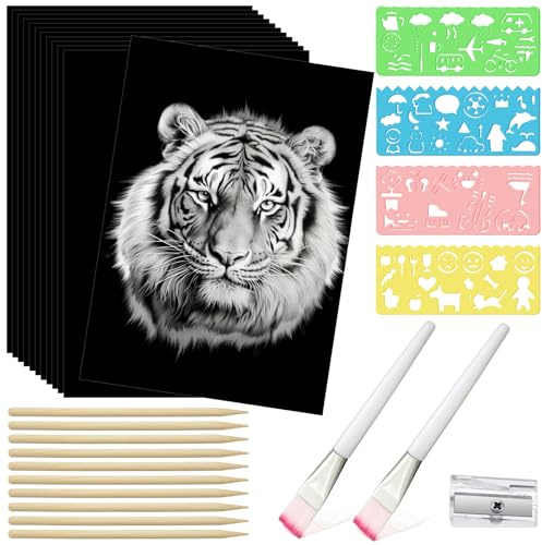 Noveread 50 Sheet Black Scratch Paper Art Set 8. 5 x 11 Inch Coated Scratchboard Scratch Paper with Wooden Stylus Sharpener and Stencils DIY Painting Art for Adults