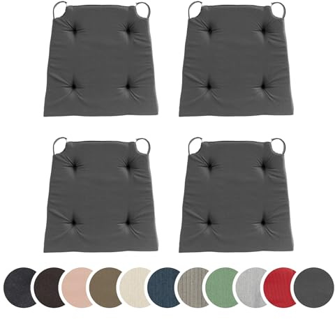 sleepling 4er Set Stuhlkissen, Sitzkissen für Indoor und Outdoor, mit Klettverschluss, 100% Baumwolle, Made in EU, Maße: 42 (vorne) 35 (hinten) x 40 x 5 cm, dunkelgrau