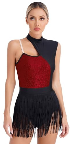 Vestido de Danza con Lentejuelas y Flecos sin Mangas Mujer Mono de Baile | Maillot Profesional de Baile Latino, Tango, Actuación Escénica, Patinaje Artístico y Competición, Disponible en Tallas S‑XXL