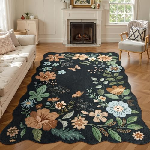 Lahome Floral Rugs for Living Room, 5x7 Area Rugs Ultra-Thin Soft Washable Rug, Non-Slip Bedroom Rug Stain Resistant Boho Flore Carpet for ‎Dining Room Office (5x7ft,Black/Grey)