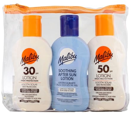 Malibu Sun Travel Essentials with SPF 30 & 50 and After-sun, 3 x 100ml | Sun Cream Protection, After Sun Lotion, Holiday Sun Care, Water Resistant, Sunscreen, Summer Essentials, Multipack