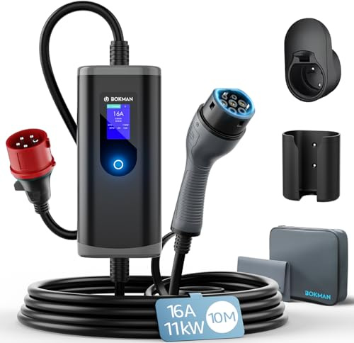 bokman Typ 2 Laddkabel till Elbil 11 kW | Prise CEE(5 Broches) EV Chargeur Station de Wallbox Ajustable 6-16A | 11kW | 10M, Connecteur Type 2(IP55), RCD Type A+ 6mA DC