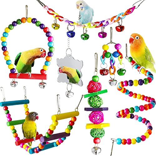PengLAI Parrot Toys, 7 Pcs Budgie Toys With Hanging Bell, Pet Bird Cage Hammock, Swing, Climbing Ladders, Accessories for Caged Birds