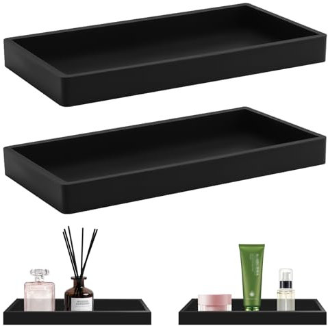 2 Stück Badezimmer Tablett Schwarz aus Kunstharz Wasserdicht und rutschfest Badezimmertablett 7.9 x 3.9 Inch Hitzebeständig Spülmaschinenfest für Tücher Kerzen Handtuch Seife Pflanze Schmuck