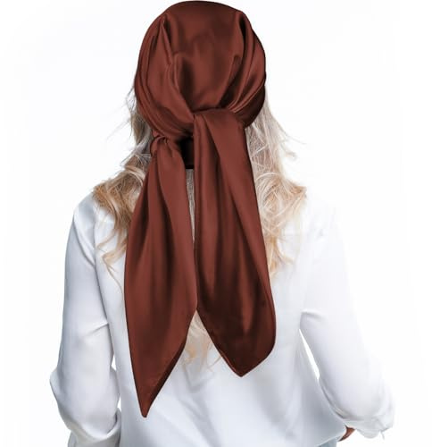 Andibro 35 Large Square Satin Head Scarf, Silk Shiny Solid Color Head Scarves Sleeping Head Wraps for Women Hair Bandana (Coffee)