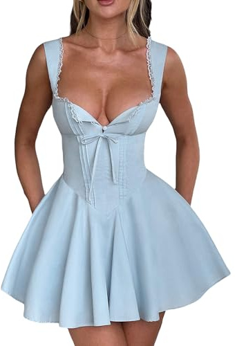 Robe corset pour femme - Mini robe unie - Bretelles spaghetti - Coupe basse en dentelle - Robe courte à volants - Robe d'été bustier d'été, bleu, M