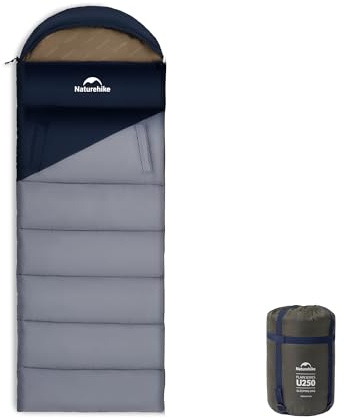 Naturehike Sacco a pelo con cappuccio per campeggio, leggero e confortevole, ideale per avventure all'aria aperta e viaggi (Blu scuro + Azzurro/Sinistro (8,5~4°C))