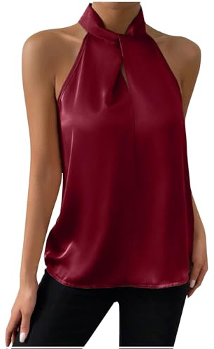 Canotta con scollo a halter per donna, elegante, in raso, senza maniche, blusa alla moda, casual, con lacci frontali, criss-cross, camicia in seta, tank top estivo, gilet da donna, camicia per signora