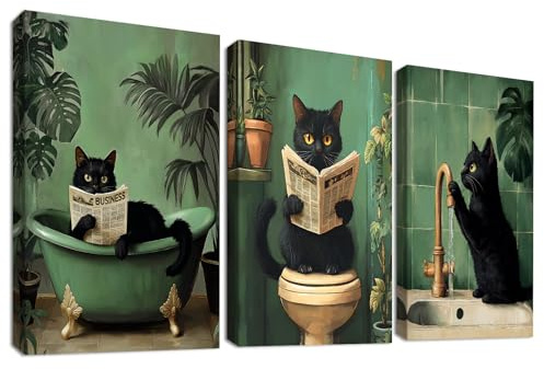 3Pcs Stampa su tela Con Cornice Divertente Gatto Nero Pittura Verdi Gatto Gattino che Legge il Giornale sul Water Quadri su tela Quadri Moderni Bagno Vasca da Bagno WC Stampe da Parete 30x40cm x3