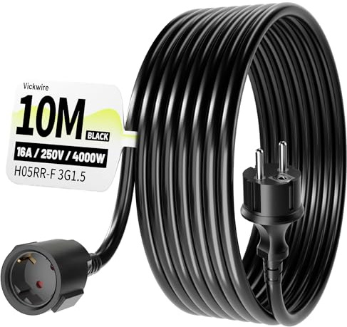 Vickwire Außen Verlängerungskabel, 10 m Gummikabel mit Schutzkontaktstecker Schuko, externes Kabel mit Schutzkappe, 16 A/250 V, schwarz, H05RR-F 3G 1,5 mm², IP44