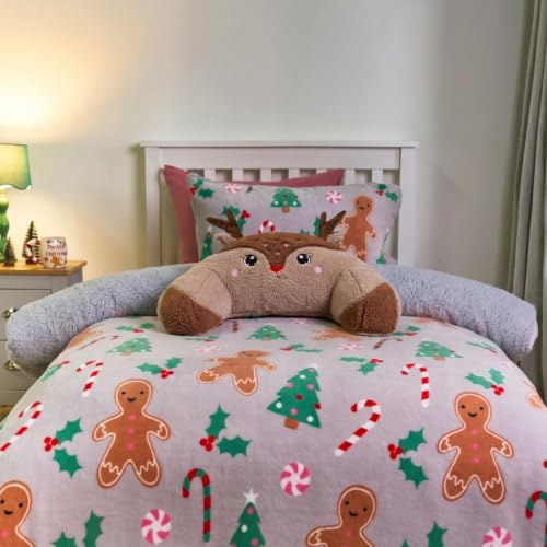 OHS Reindeer Cuddle Cushion for Kids, Christmas Decorations Supportive Reading Pillow Soft Cosy Teddy Fleece Snuggle Cushion Backrest Pillows with Arms Gaming Pillow Relaxing Comfy, Brown