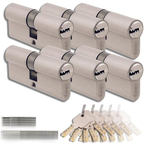Set di 6 Cilindri a Doppia Serratura in Ottone 45/45mm con Chiave Unica, 30 Chiavi Incluse, 12 Viti, Serrature Universali per Porte e Garage, Lunghezza 90mm, Montaggio Facile
