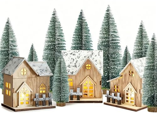 LUKIUP 3 Nackt Weihnachtsdorf mit 9 Sückt-10/15/20 cm Mini Weihnachtsbäume, Weihnachtshaus Beleuchtet, Weihnachtsdeko Holz LED, Weihnachtshaus Deko, Weihnachten