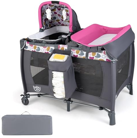 COSTWAY 5 in 1 Beistellbett Baby, Reisebett mit Matratze, Kinderreisebett inkl. Wickelauflage, Babywiege & Spieluhr, Stubenwagen mit Rollen, Babybett für Baby bis 36 Monaten (Rosa Punkt)