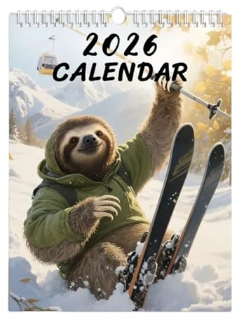 Djurkalender 2026, sengångare skidplanerare, 12-månaders roligt väggschema 21 x 28 cm, hemmakontorskalender med humoristisk design, väggplaneringskollektion, för arbetsplatsen sovsal lägenhet