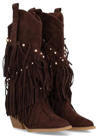 97789 Bota de Estilo Western con Cana Alta Decorada con Flecos en Cascada y Tachuelas metalicas, Punta Fina y Tacon Cubano. Ideal para Mujer en Temporada de Otono Invierno Marron Talla 38
