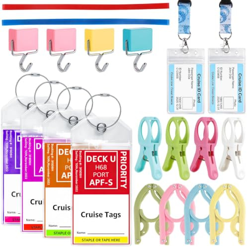 Juego de etiquetas XXL para equipaje de crucero, etiquetas de equipaje, ganchos magnéticos, perchas plegables, cordón, pinzas de ropa y bandas para toallas para tumbonas de playa, juego de accesorios