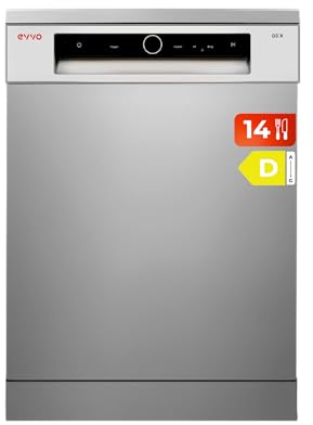 EVVO Lavavajillas 60cm Ancho, Capacidad 14 Cubiertos, Eficiencia C, Programa Media Carga, Sensor Inteligente, Ahorro Programa ECO, 8 Programas, Bandeja Superior Ajustable, Modelo: D3X Acabado: Inox