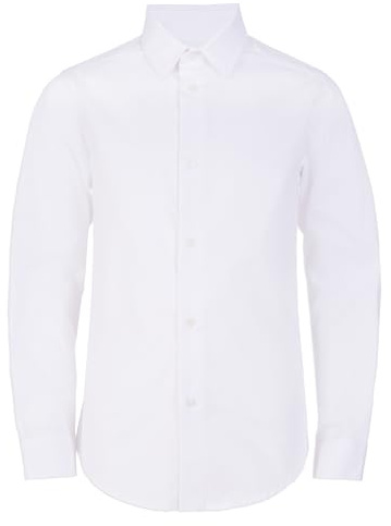 Calvin Klein Boys' Long Sleeve Slim Fit Dress Shirt, Button-Down Style with Buttoned Cuffs & Shirttail Hem, White, 5