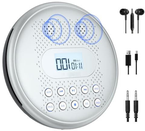ARAFUNA CD Player Portable, Rechargeable Portable CD Players for Car with Speakers, Anti-Skip Small CD Player with Backlit Button, LCD Display and AUX Cable