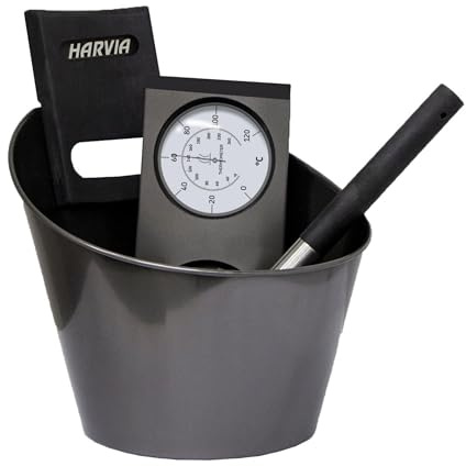 Harvia Black Steel Sauna Accessory Set Sauna Bucket Trowel Thermo-Hygrometer Stainless Steel Black