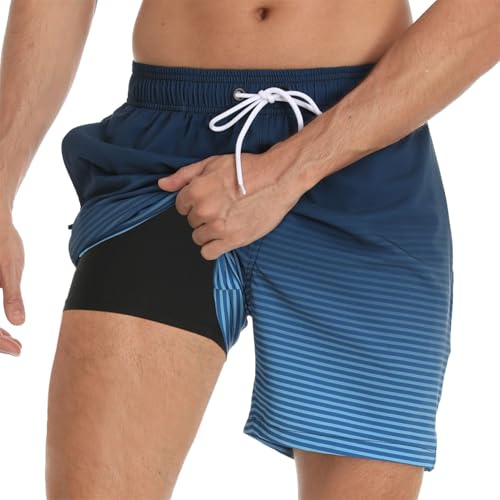 Bañador Hombre Secado Rápido con Bolsillo, Pantalones Cortos de Natación 2 en 1 con Forro de Compresión, Bañadores Deportivos para Playa, Piscina y Entrenamiento, V0 Degradado Turquesa Rayas, M