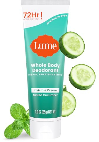 Lume Whole Body Deodorant - Invisible Cream Tube - 72 Hour Odor Control - Aluminum Free, Baking Soda Free, Skin Safe - 3.0 ounce (Minted Cucumber)