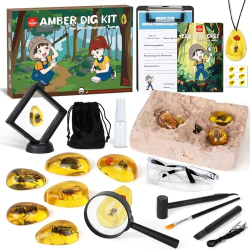 Lehoo Castle Ausgrabungsset für Kinder, Bernstein Ausgrabungsset mit 6 Künstliche Insektenfossilien, Experimente für Kinder ab 6, Geschenk Junge 4 5 6 7 8 9 10 Jahre