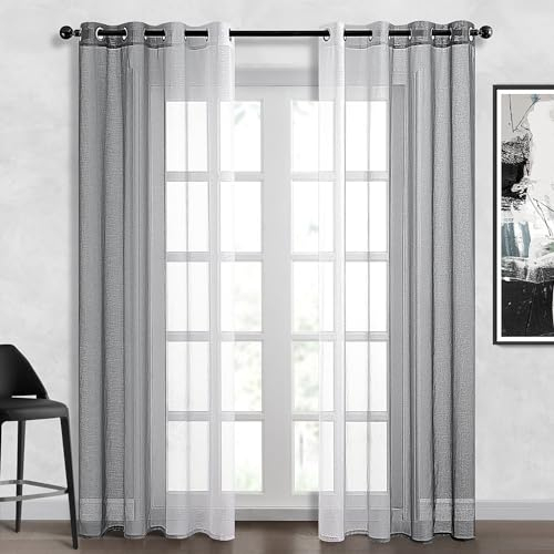 Topfinel Gardinen Wohnzimer Vorhang Weiß & Grau Farbverlauf Transparente Vorhänge mit Ösen Schlafzimmer Gardine 245 cm Lang Curtains & Drapes Übergardinen 140 Breit Schlaufenvorhang Fenstervorhänge