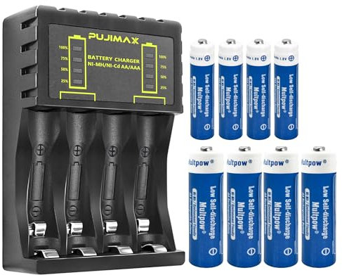 LED Display 4 Slot Battery Charger with Discharge Function for AA, AAA, Ni-Mh Ni-Cd Rechargeable Batteries, Type C and Micro USB Input(5V 2A), Fast Charging Function (4AA+4AAA)
