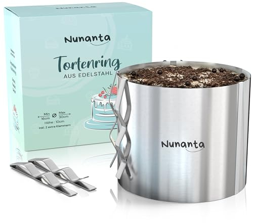 Nunanta Verstellbarer Tortenring - Höhe 10 cm inklusive 2 extra Klammern | Durchmesser 16-30 cm