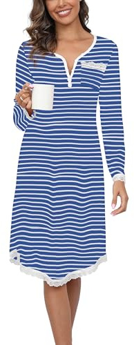 Yukiuiny Chemises de Nuit Femme Coton Dentelle Nuisette Robe de Nuit Longue T Shirt de Nuit Pyjama Casual Col V Sexy Maternité Allaitement Top Confortable Bleu Rayé *Longue L