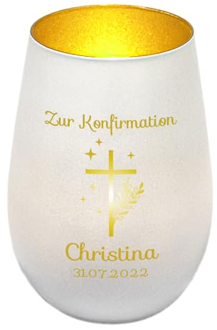 Windlicht mit Gravur zur Konfirmation | Weiß/Gold | Motiv Kreuz mit Sternen | Geschenk zur Konfirmation Junge Mädchen | Tischdeko und Konfirmationsgeschenk personalisiert | Teelichtglas
