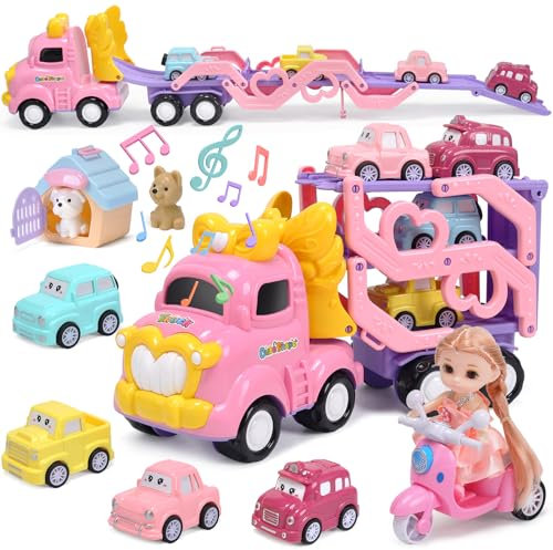 CUTE STONE Ensemble jouets camion rose pour filles, toboggan extra long, véhicule transport pliable avec lumière et son, jolie poupée, 4 voitures à tirer, 1 moto, 2 chiens compagnie, cadeaux princesse