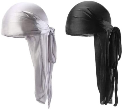 SunaOmni Lång svans durag andningsbara vågor huvudbonader durag keps bandana turban hatt 2 st svarta grå vågor huvudbonader bandana turban hatt lång svans durag för ridning silke durag keps