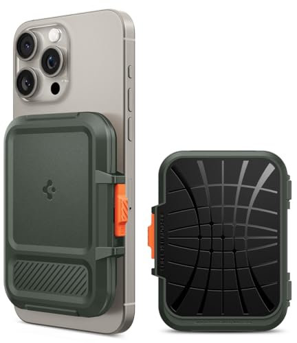 Spigen Lock Fit MagFit Magnetischer Kartenhalter Entwickelt für MagSafe mit Verschluss-System Kompatibel mit iPhone 16/15/14/13/12 Modelle Magsafe Wallet - Militärgrün