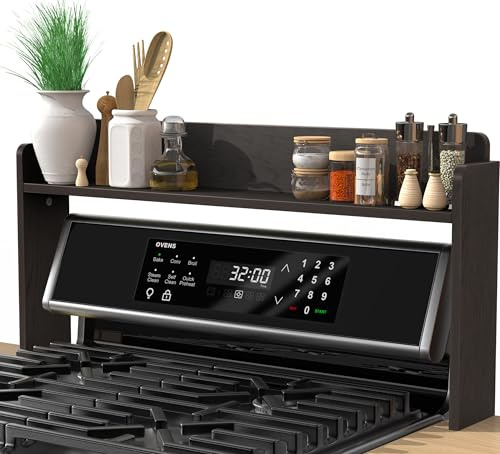 MyLifeUNIT Over The Stove Shelf, 31.5 Wood Stove Top Shelf for Back of Gas Stove, Electric Stove or Curved Stove Spice Rack Shelf for Countertop, Black