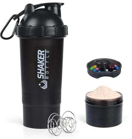 XTKS Eiweiß Shaker 500ml, Protein Shaker Flasche mit Kugel & Pulverfach, Auslaufsicher, BPA-frei, Fitness Shaker (Schwarz)