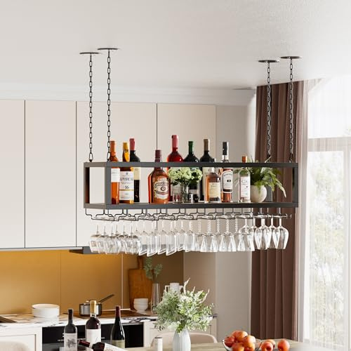 Portabottiglie da Soffitto Industriale Mensola Regolabile in Altezza con Porta Bicchiere da Vino per Cucina Bar Caffetteria (100CM)