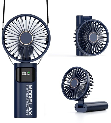 Morelax Ventilador de Mano, Mini Ventiladors Portátil, 5200mAh Recargable, Bolsillo Pequeño Ventilador Con 6 Niveles de Velocidad, USB，Plegable 180° para Casa, Oficina, Escuela, Exterior, Azul