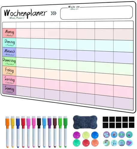 Prelisee Whiteboard veckoplanerare magnetisk avtorkbar 42 × 30 cm kan användas som matplanerare vecka, att göra lista, hushållsplanerare, inköpslista, barn veckoplanerare avtorkbar för kylskåp