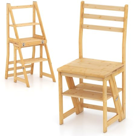 HOMASIS 3 en 1 Silla Plegable de Bambú Convertible en Escalera con Cerraduras de Seguridad, Soporte de Plantas Multifuncional para Salón, Biblioteca, Cocina, Oficina, Capacidad de 150 kg, Natural